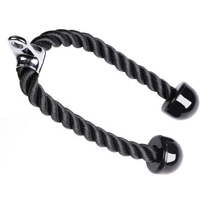 Black twisted rope with shiny chrome attachment and round black ends, against a white background.