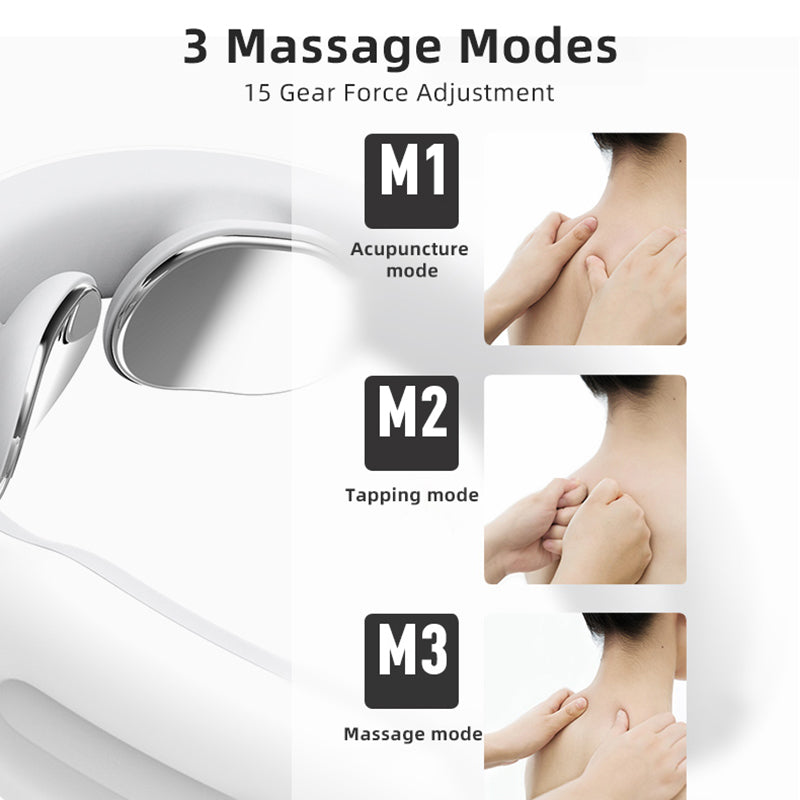 Neck massager with three modes: acupuncture, tapping, and massage; images show usage positions.