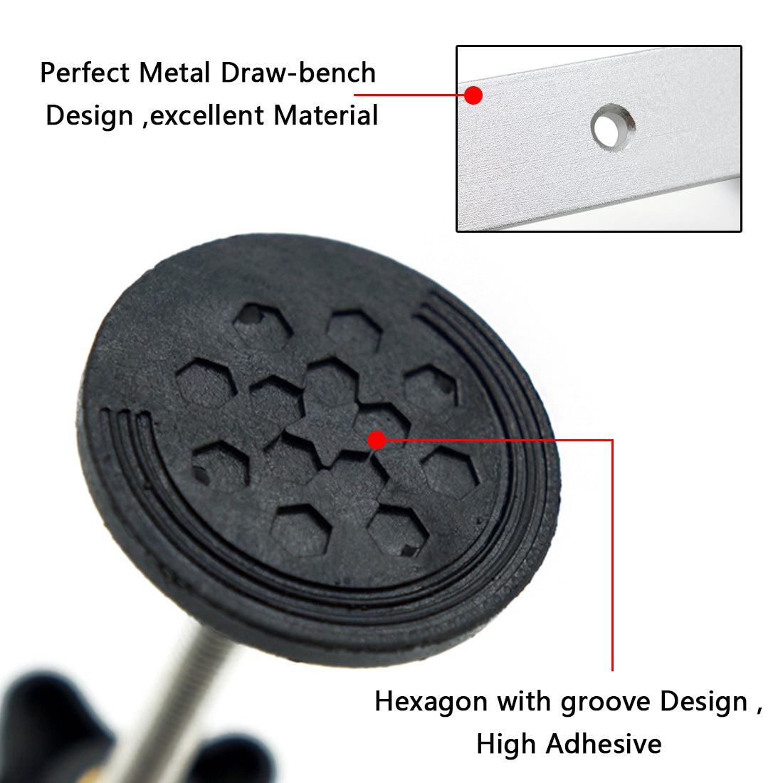 Close-up of a black hexagon-patterned rubber pad with grooves, silver metal with a hole.