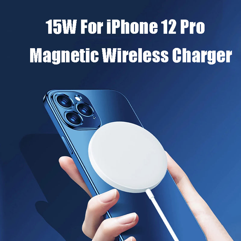 Blue iPhone 12 Pro with white magnetic wireless charger attached, text above: "15W Magnetic Charger."