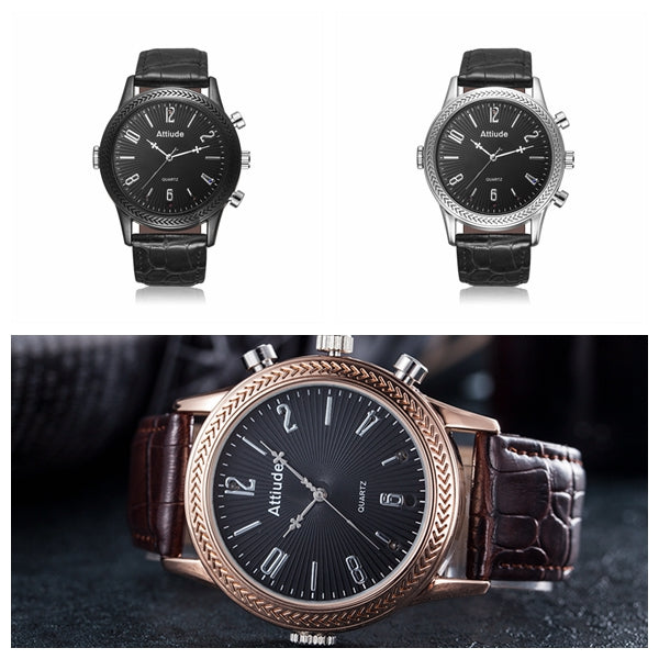 Two black-dial watches with black leather straps; one silver, one bronze, close-up of bronze watch.