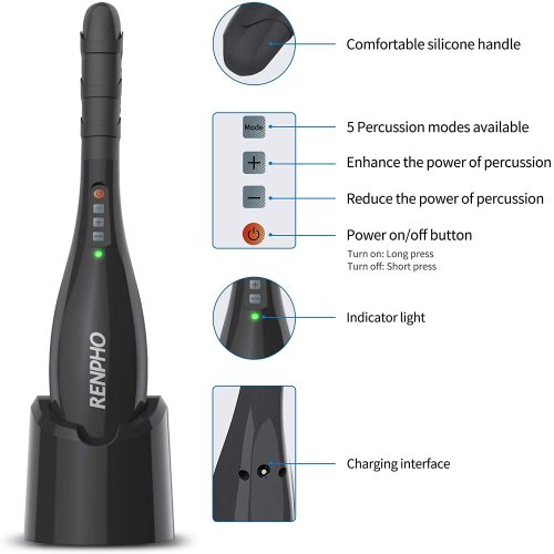 Black cordless massager with silicone handle, indicator lights, and charging base. Multiple percussion modes.