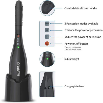 Black cordless massager with silicone handle, indicator lights, and charging base. Multiple percussion modes.