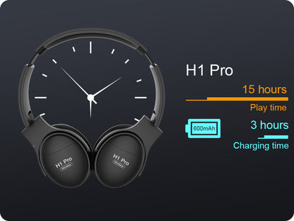 Black H1 Pro headphones with clock face, 15-hour playtime, 3-hour charge, 600mAh battery shown.