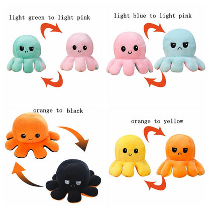 Plush octopus toys display color changes: green-pink, blue-pink, orange-black, orange-yellow.