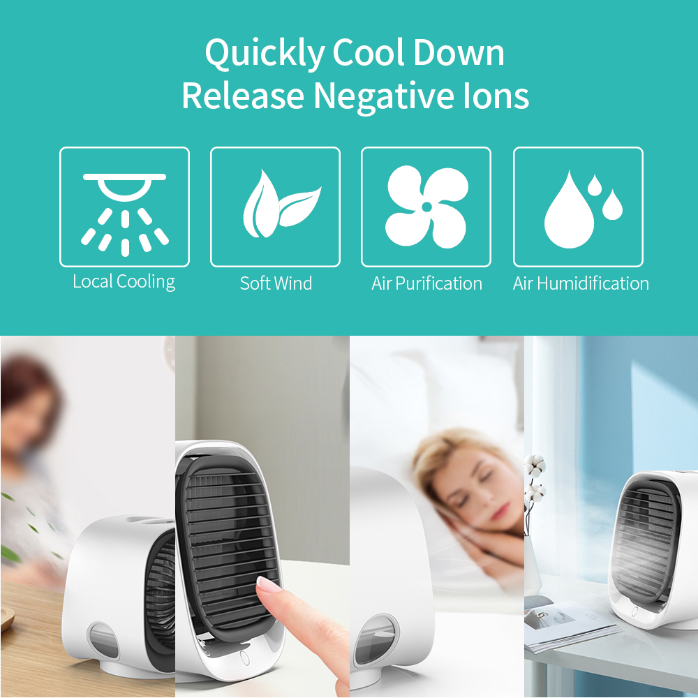 Small white air cooler with black grill, features icons on teal background.