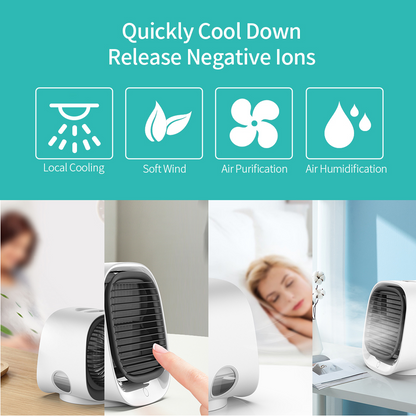 Small white air cooler with black grill, features icons on teal background.