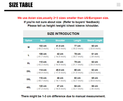 Size chart showing measurements in centimeters and inches for M to 4XL, with red and black text.