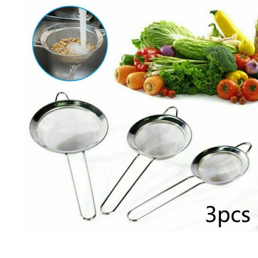 Three stainless steel mesh strainers with vegetables and water pouring in a circle inset.