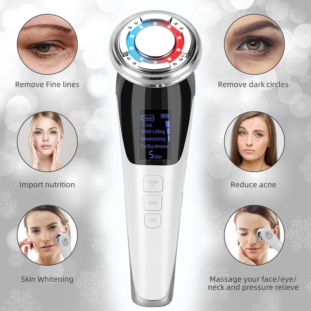 Facial device with LED screen, button controls, and red-blue lights for skincare benefits.