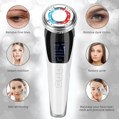 Facial device with LED screen, button controls, and red-blue lights for skincare benefits.