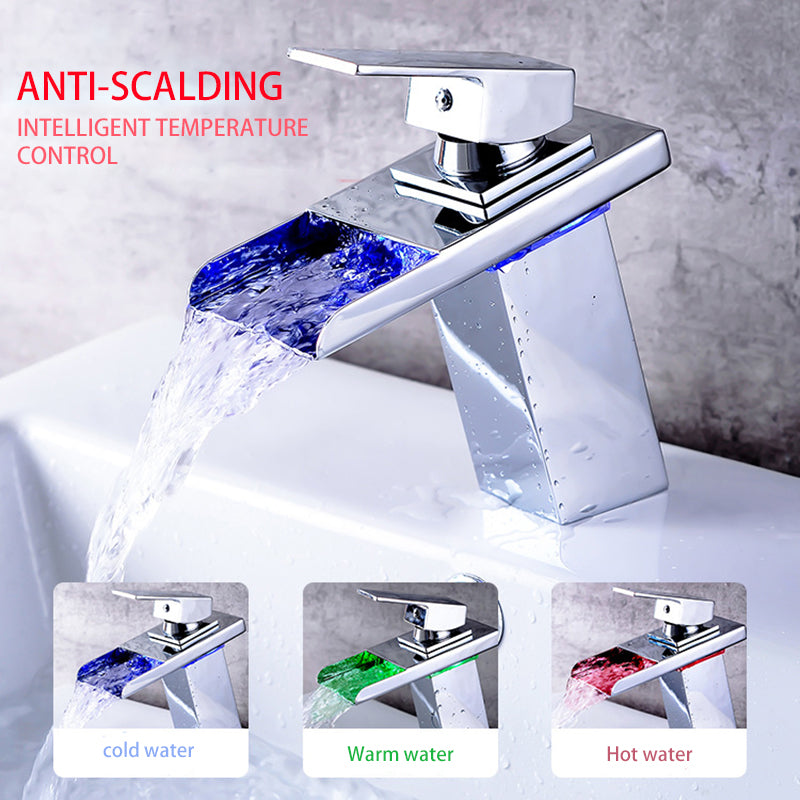 Chrome faucet with blue LED water, anti-scalding feature. Insets show colors for temperature control.