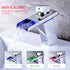 Chrome faucet with blue LED water, anti-scalding feature. Insets show colors for temperature control.