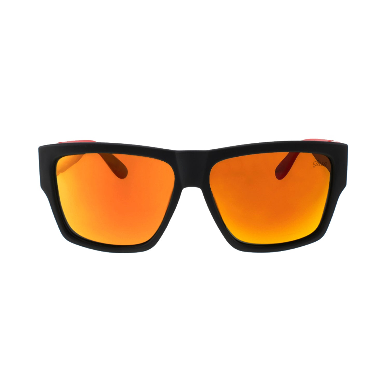 Black sunglasses with orange reflective lenses and red temple tips.