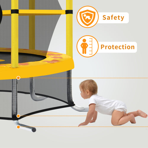Yellow trampoline with safety net, icons for safety and protection, and a crawling baby below.