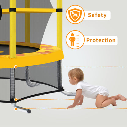 Yellow trampoline with safety net, icons for safety and protection, and a crawling baby below.