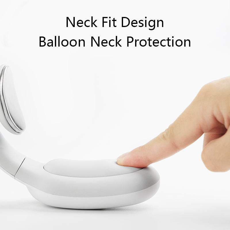 White ergonomic neck pillow with gray accents; finger pressing cushion. Text: "Neck Fit Design."