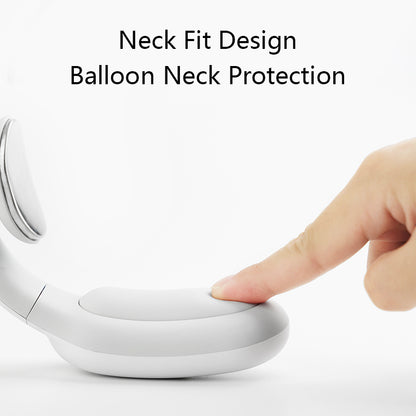 White ergonomic neck pillow with gray accents; finger pressing cushion. Text: "Neck Fit Design."