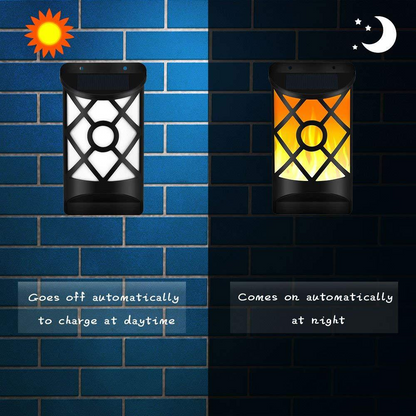 Two wall lights on a blue brick wall; left light is white with sun icon, right is orange with moon icon.
