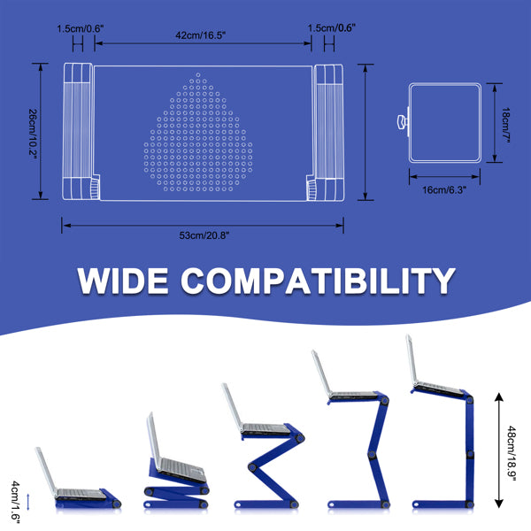 Adjustable blue laptop stand with dimensions and multiple configuration options shown.