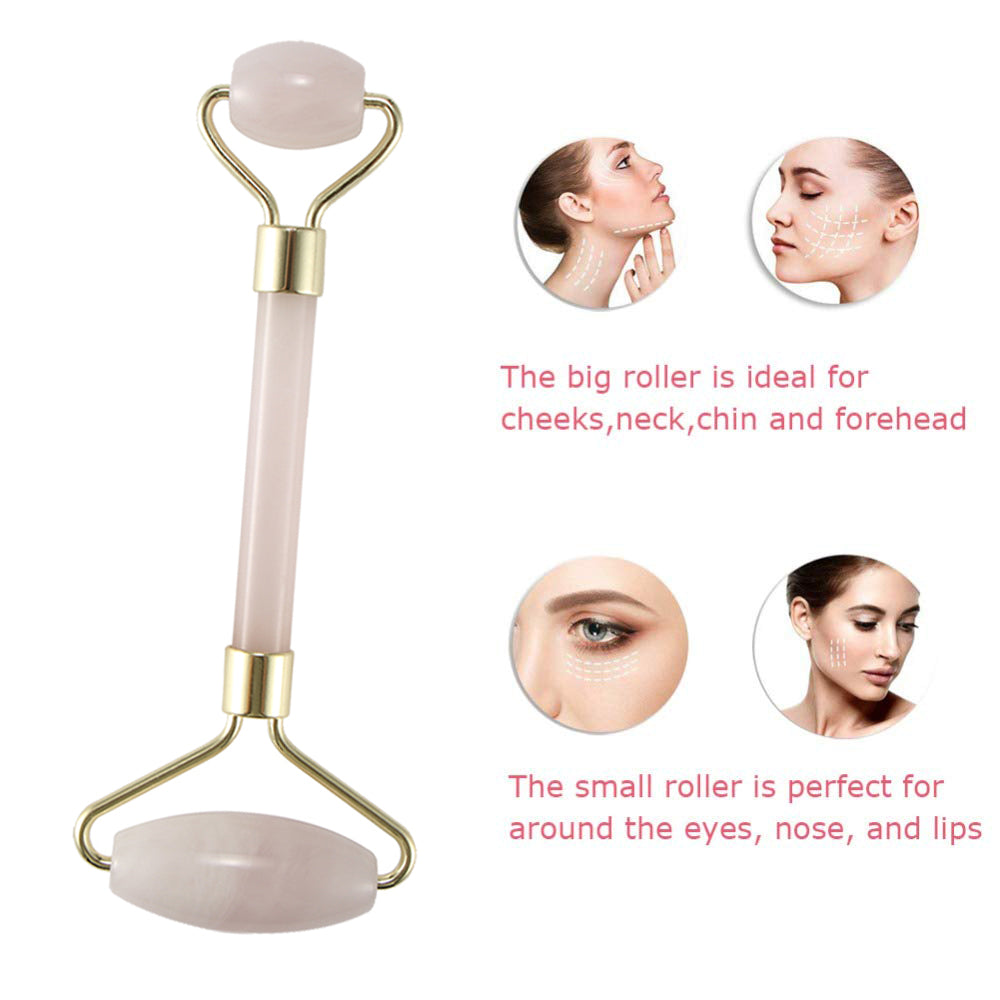 Pink facial roller with gold accents; two sizes; uses for cheeks, neck, eyes, and lips shown.