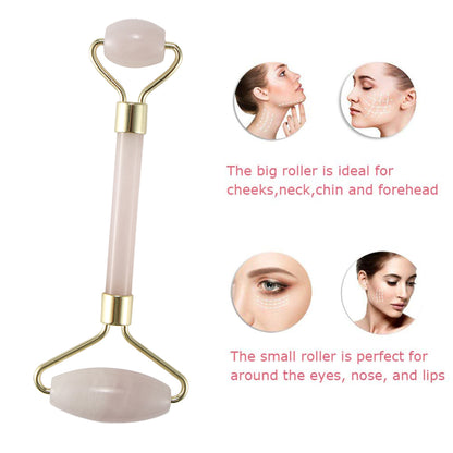 Pink facial roller with gold accents; two sizes; uses for cheeks, neck, eyes, and lips shown.