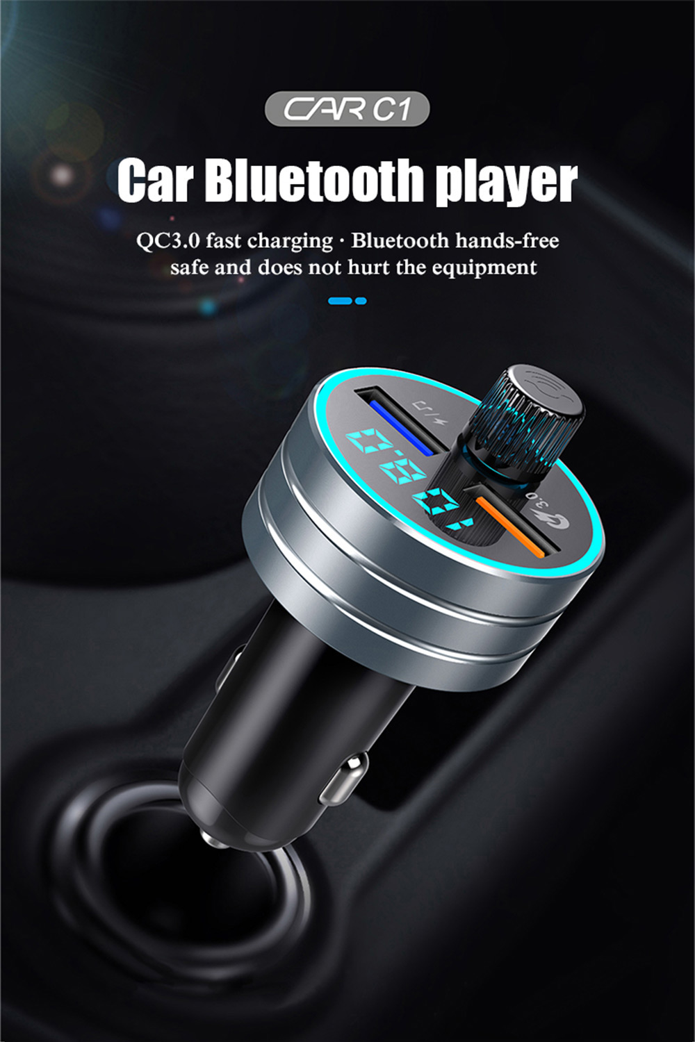 Car Bluetooth player with display, glowing blue LED ring, USB port, and volume knob.