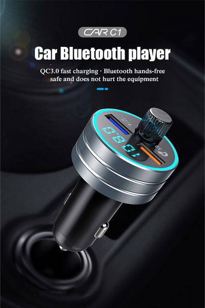 Car Bluetooth player with display, glowing blue LED ring, USB port, and volume knob.