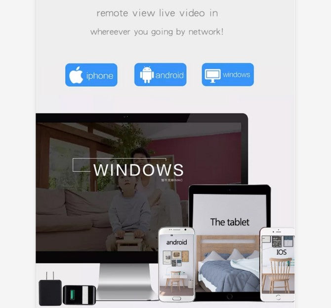 Devices displaying different screens with "remote view" text, icons for iPhone, Android, and Windows.