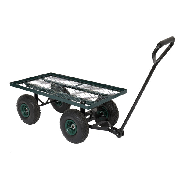 A green metal mesh wagon with four black wheels and a long black handle.