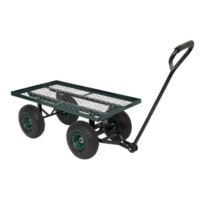 A green metal mesh wagon with four black wheels and a long black handle.