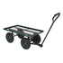 A green metal mesh wagon with four black wheels and a long black handle.