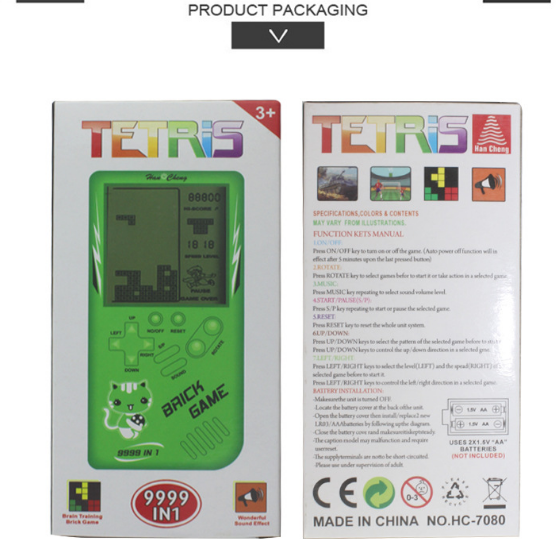 Green handheld Tetris game in packaging, with colorful text and instructions on the side.