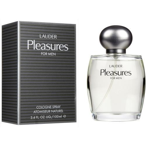 Cologne bottle with silver cap, next to a striped dark grey box labeled "Lauder Pleasures for Men".