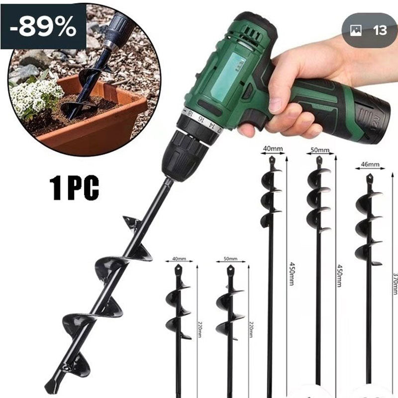 Green cordless drill with black auger bit, soil container, and different size options displayed.