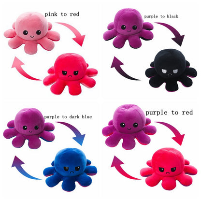 Reversible plush octopuses with happy faces flip to angry faces in pink, purple, black, and blue.
