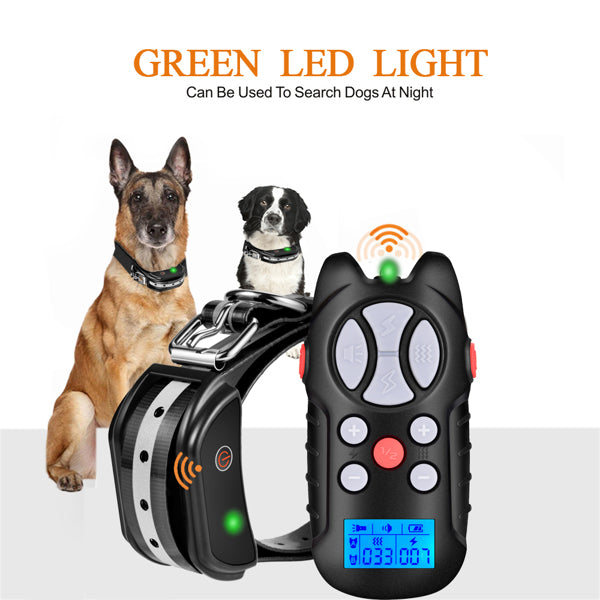 Dog training collar with remote, LED light, and screen; features two dogs in background.