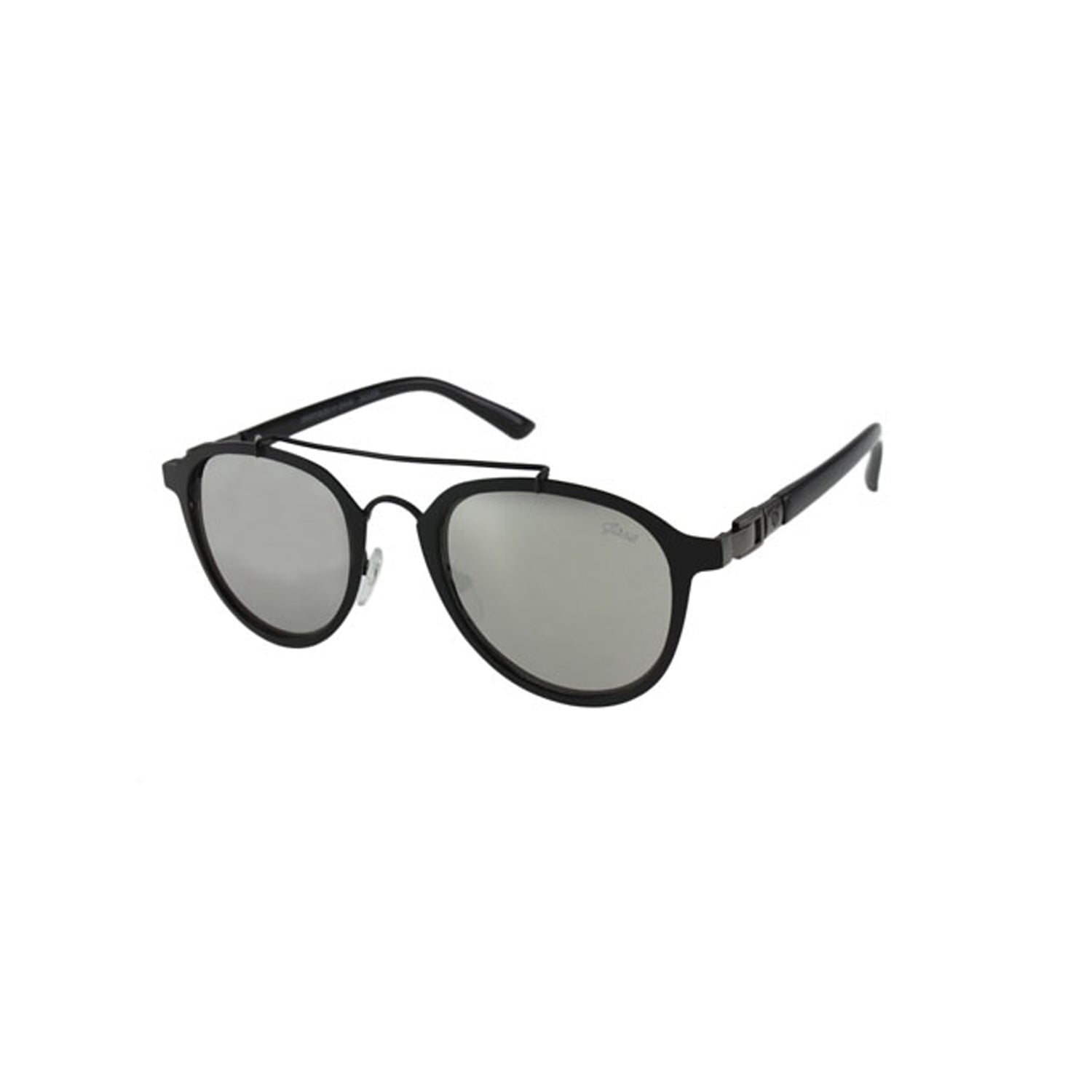 Black sunglasses with round, mirrored lenses and a thin frame on a white background.