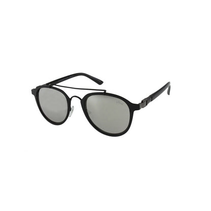Black sunglasses with round, mirrored lenses and a thin frame on a white background.