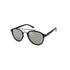 Black sunglasses with round, mirrored lenses and a thin frame on a white background.