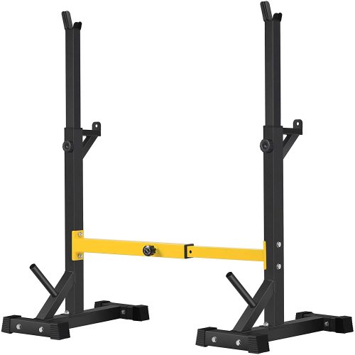 Squat rack with black frame, yellow support bar, and angled weight holders.