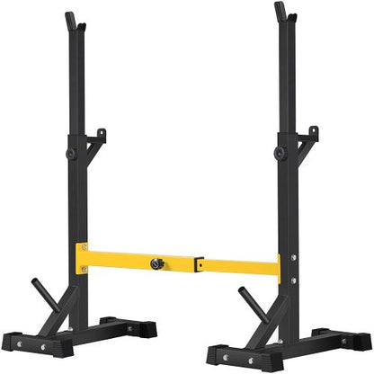 Squat rack with black frame, yellow support bar, and angled weight holders.