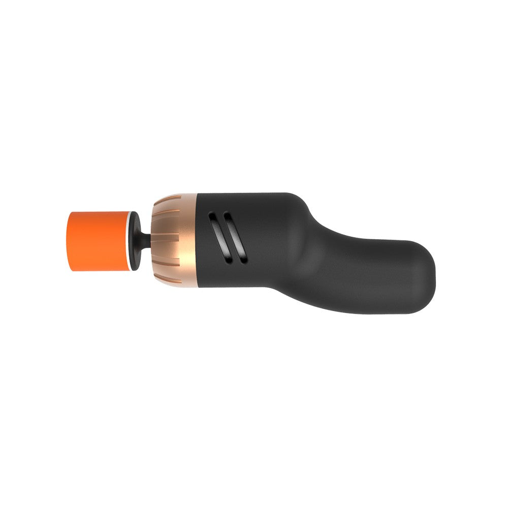 Black ergonomic tool with orange tip and gold accent, featuring a sleek, curved design.