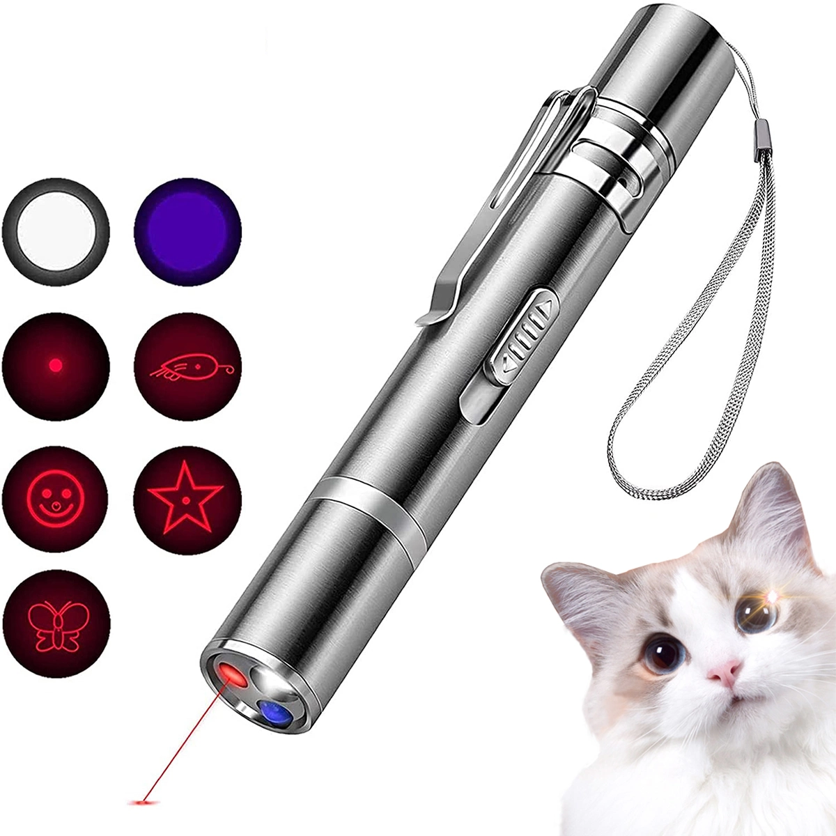 Silver laser pointer with multiple red light patterns and a cat looking up curiously.