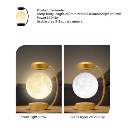 Gold moon lamp with curved stand. Left: lamp lit; right: lamp off. Brown background.