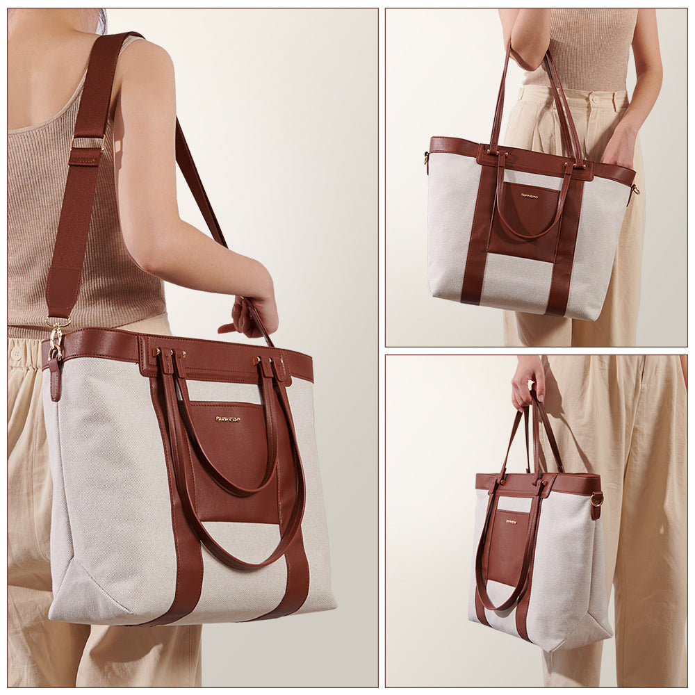 Beige tote bag with brown leather straps, worn crossbody and hand-held by a person in neutral attire.