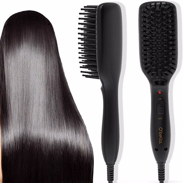 Black electric hairbrush with bristles, next to shiny, straight, black hair on a white background.