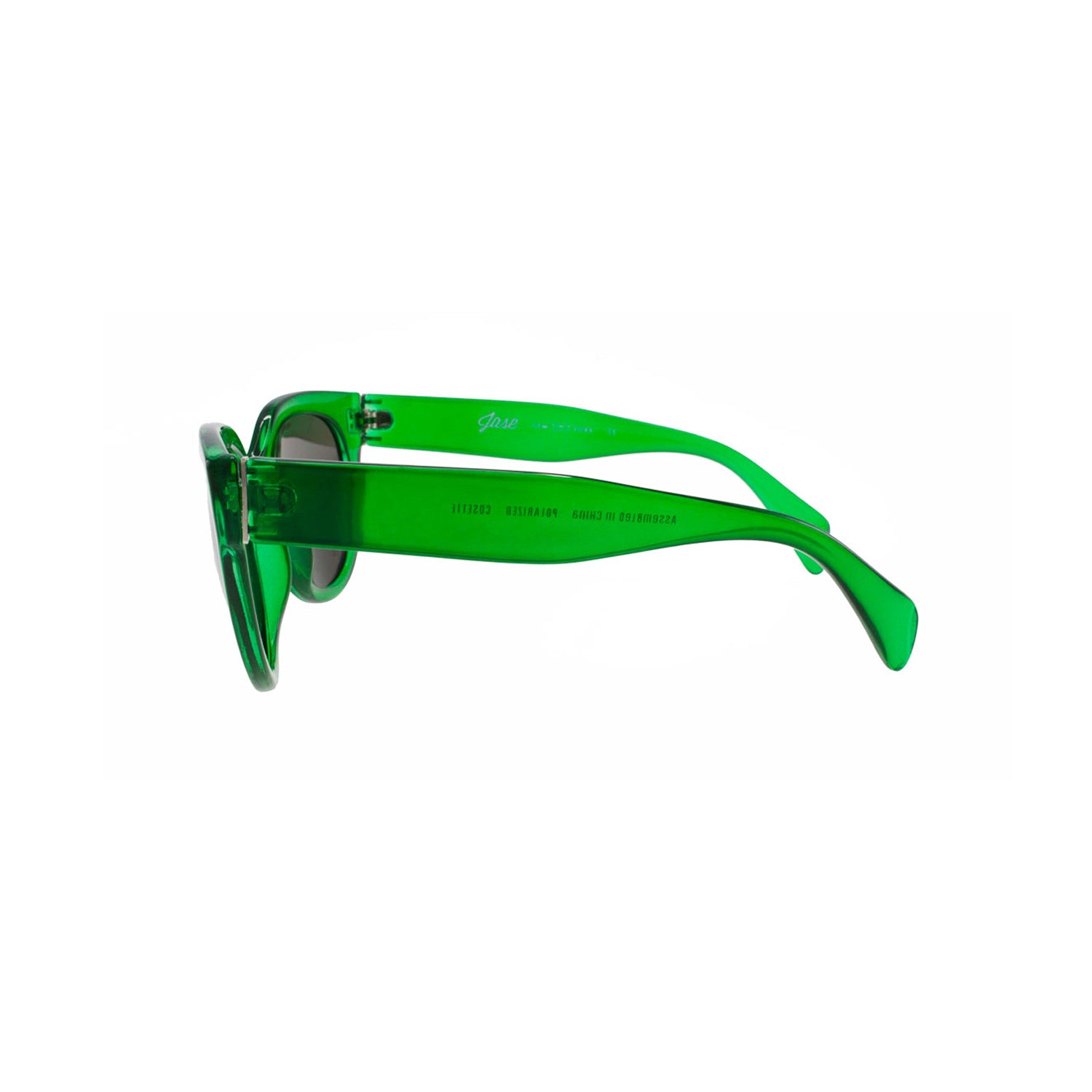 Bright green sunglasses with wide temples, clear lenses, and visible hinge details on white background.