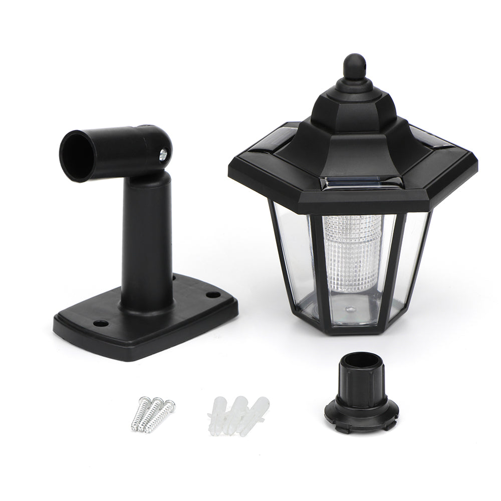 Black outdoor lantern with mounting brackets and screws on a white background.