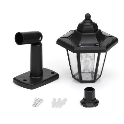 Black outdoor lantern with mounting brackets and screws on a white background.